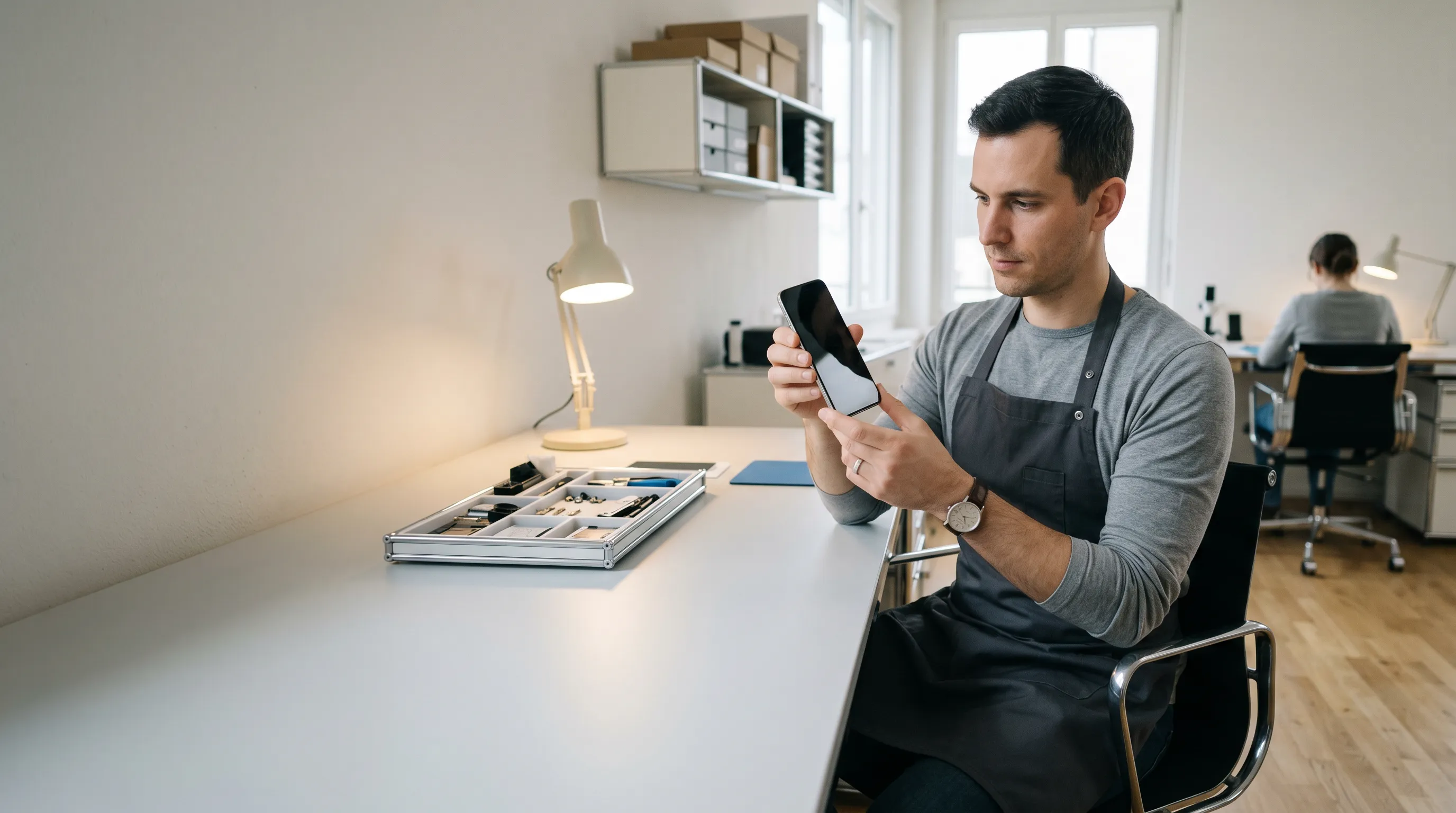 Repariertes Smartphone makellos auf einem Reinigungstuch — das Ergebnis einer zertifizierten Reparatur