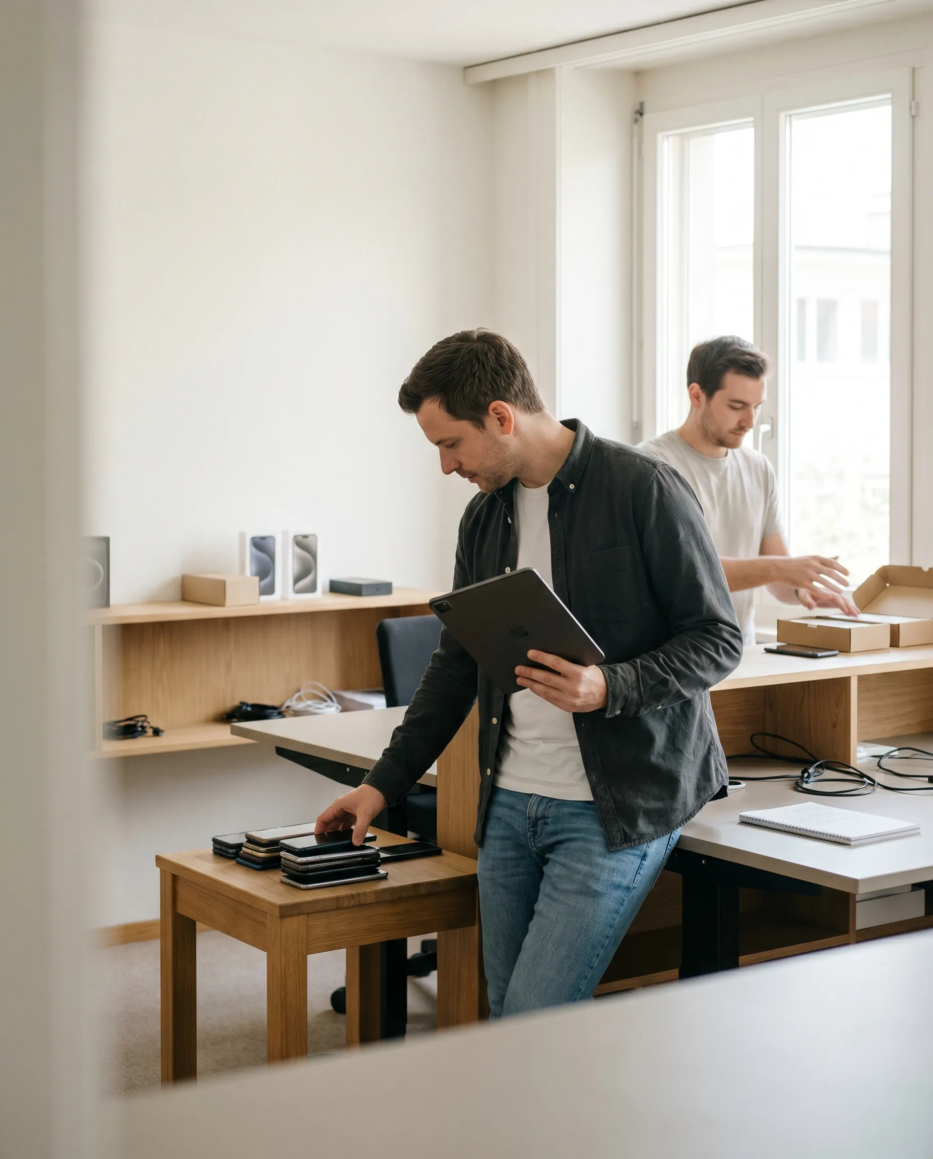 Geräte-Workspace von Schaefer AG in Zürich — zwei Mitarbeitende bereiten Geräte verschiedener Lebenszyklus-Phasen auf