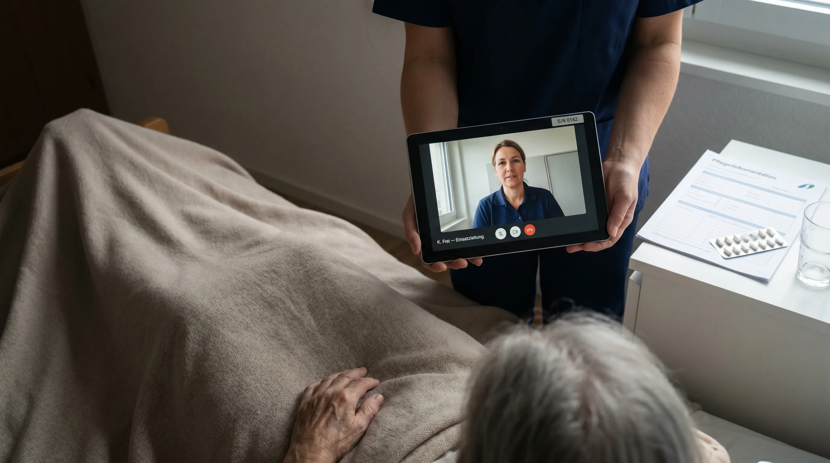Spitex-Pflegerin mit Schaefer-verwaltetem Smartphone beim Hausbesuch im Privathaushalt