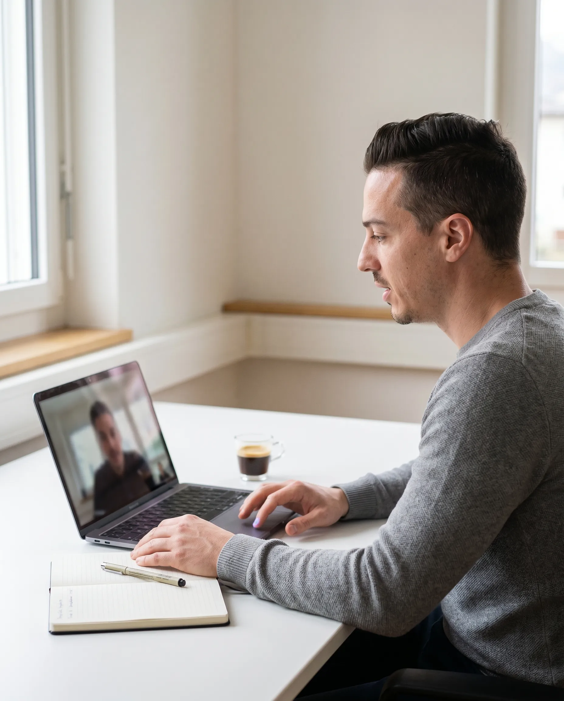Strategiegespräch bei Schaefer AG — Fachperson im Video-Beratungsgespräch am Laptop in einem hellen Schweizer Büro