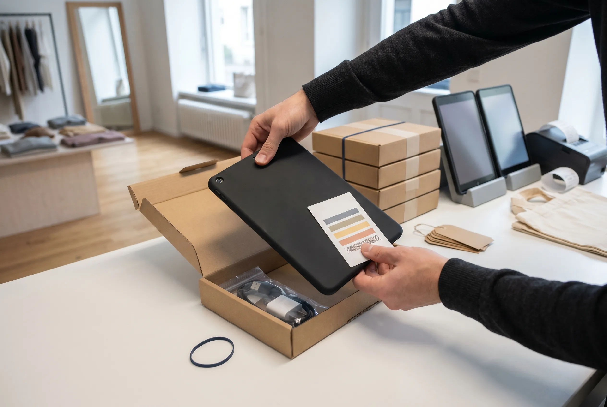 Apple-Geräte im Einsatz an einer Schweizer Retail-Filiale — POS, Manager-Tablet und Kundenberatung auf der Verkaufsfläche