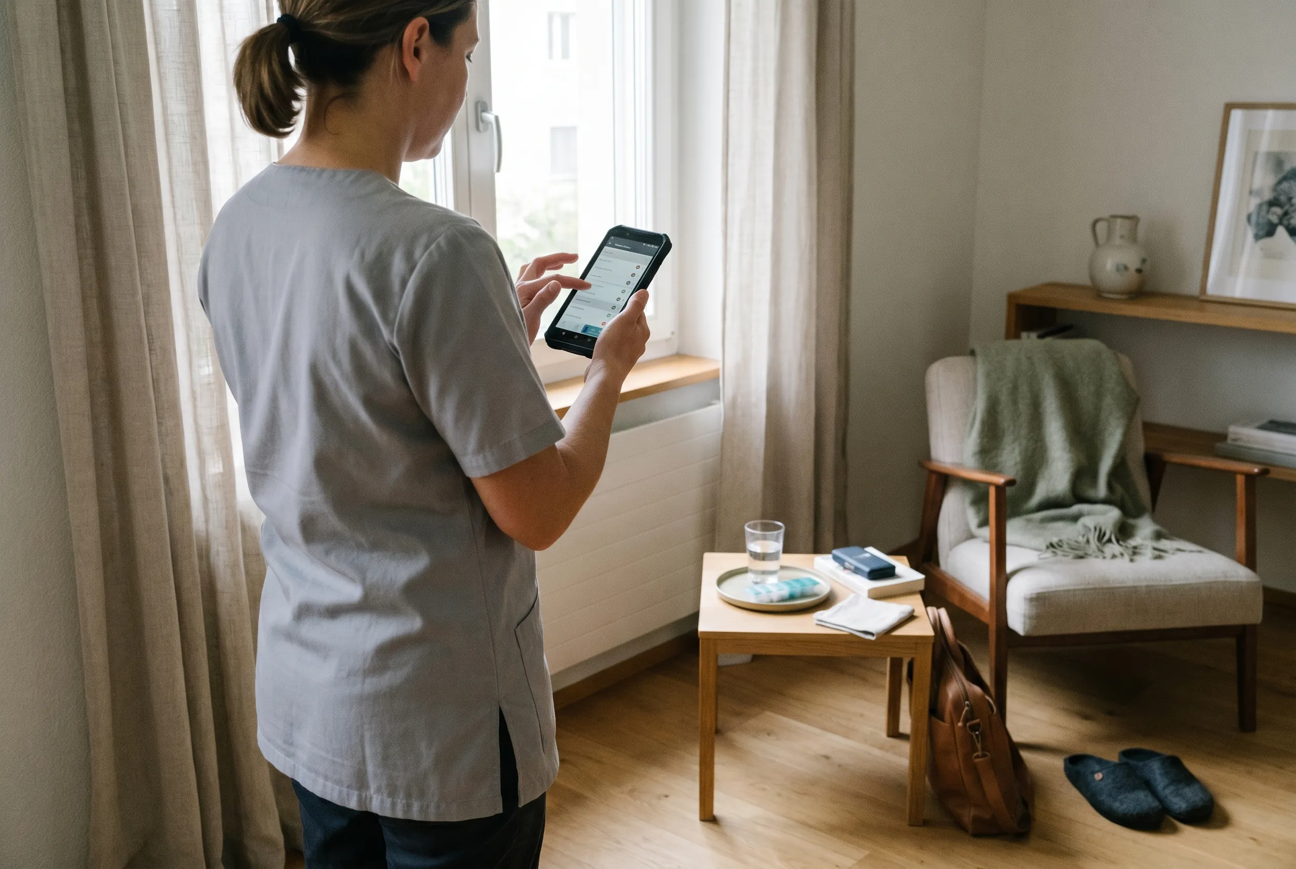 Spitex-Pflegerin mit Schaefer-verwaltetem Smartphone im Hausbesuch